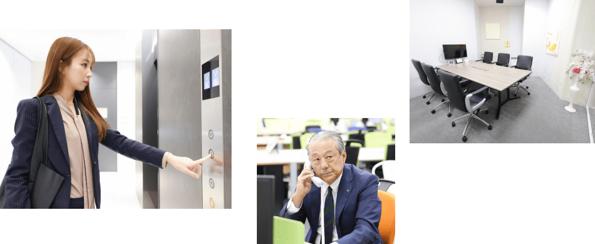 不動産営業職の社員とオフィス内観